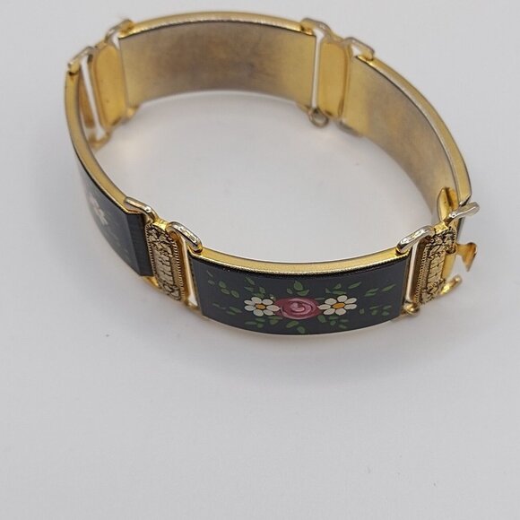 Vintage Hand Painted Floral Panel Bracelet Gold Tone Damascene Made in Spain - Picture 4 of 7